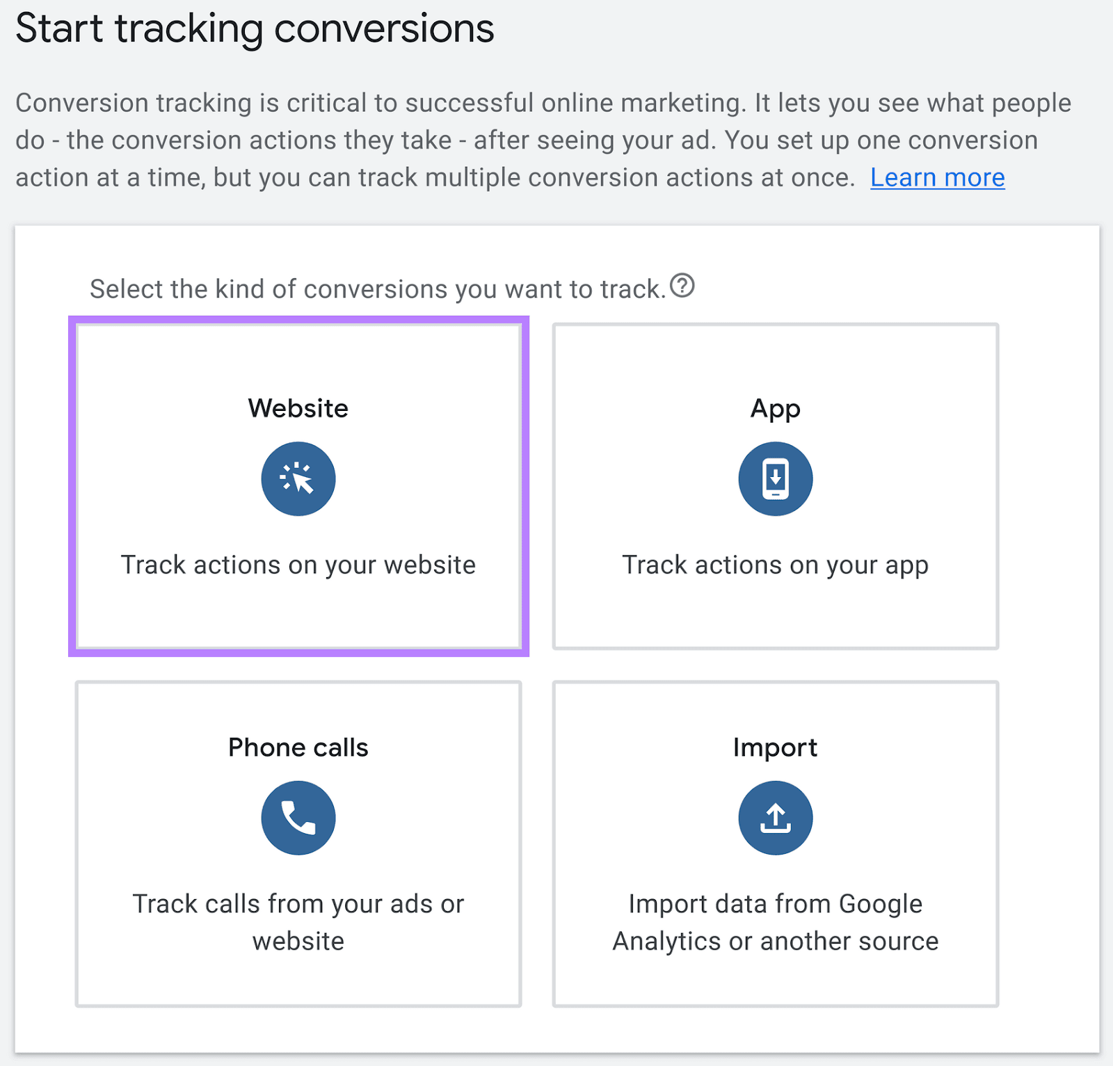âWebsiteâ chosen under the type of conversion to track