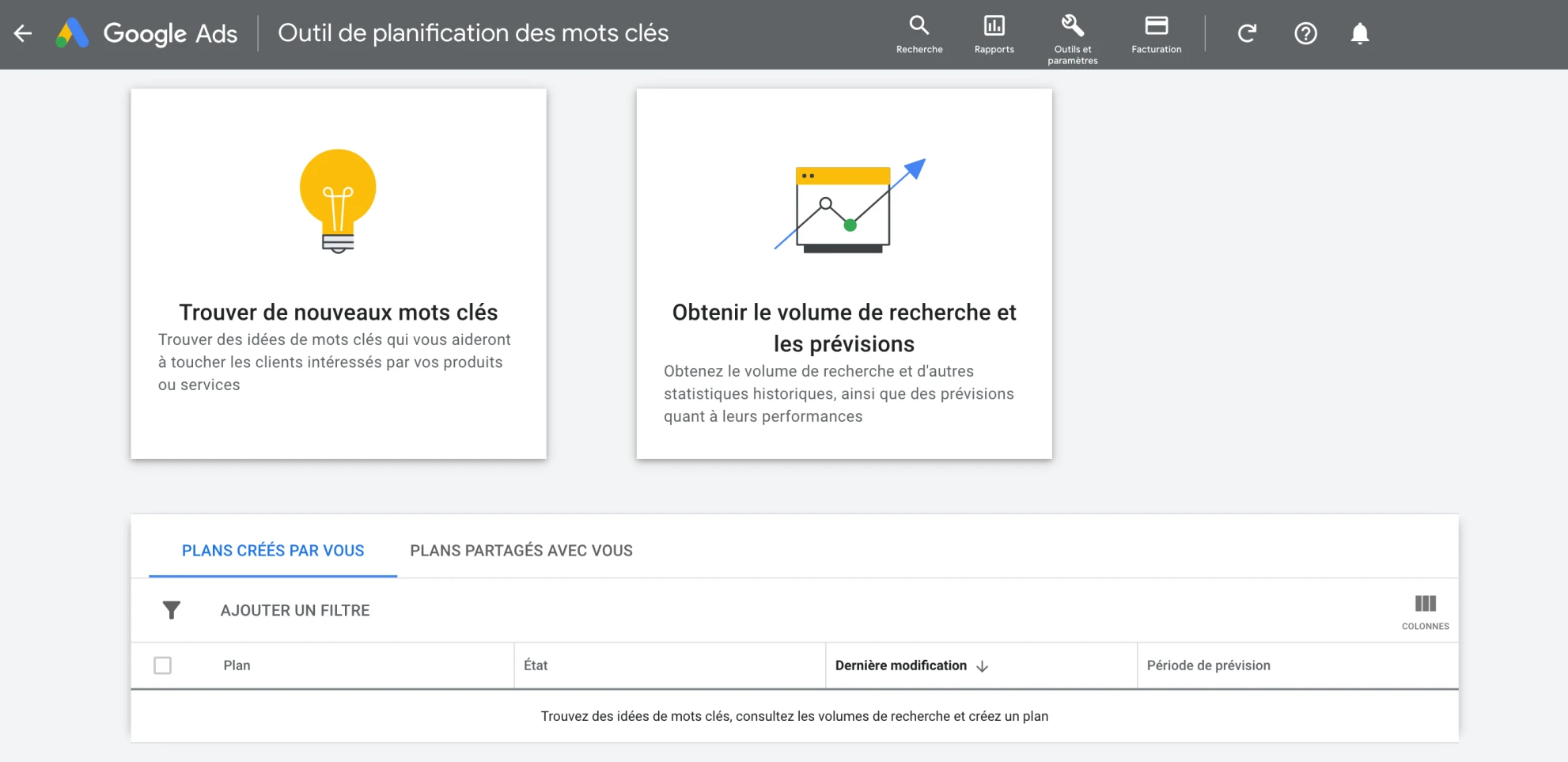 Page d'accueil de Keyword Planner