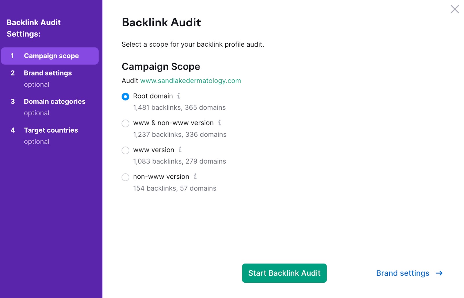 El asistente de configuración de Backlink Audit muestra el primer paso para establecer el alcance de la campaña.